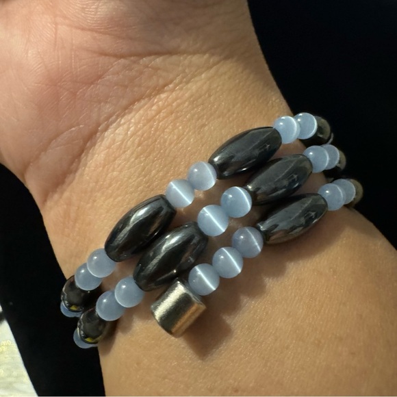 ✨2 for $30✨ Hematite, Pale Blue Cat’s Eye Gemstone Necklace / Wrap Bracelet - Picture 6 of 10